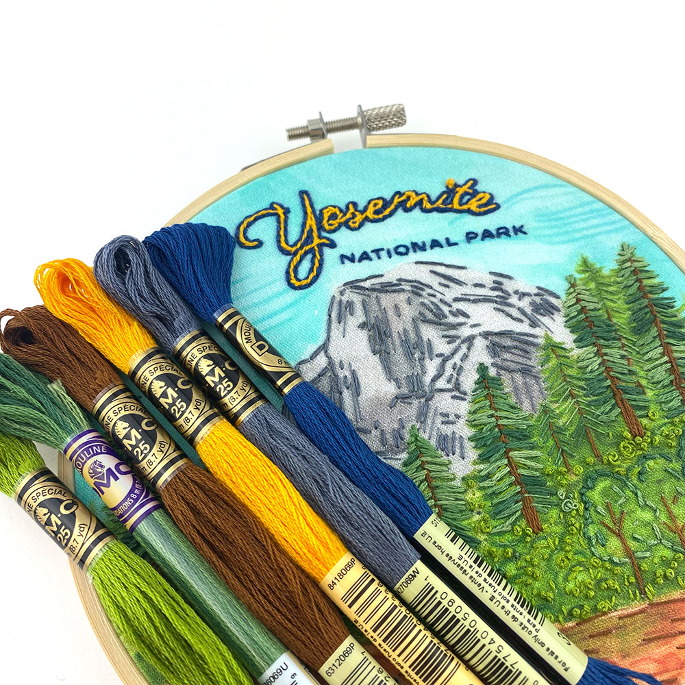 Yosemite National Park Embroidery Kit Detail of stitching with DMC Threads